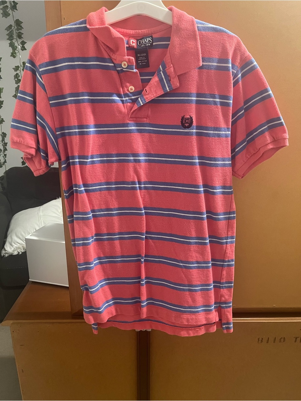 Chaps Coral Pink Polo with Blue and White Stripes